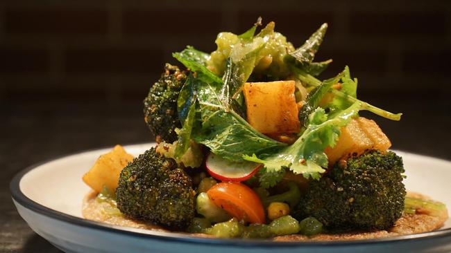 Paratha, broccoli and crisp potatoes at New Local Eatery, Hindmarsh