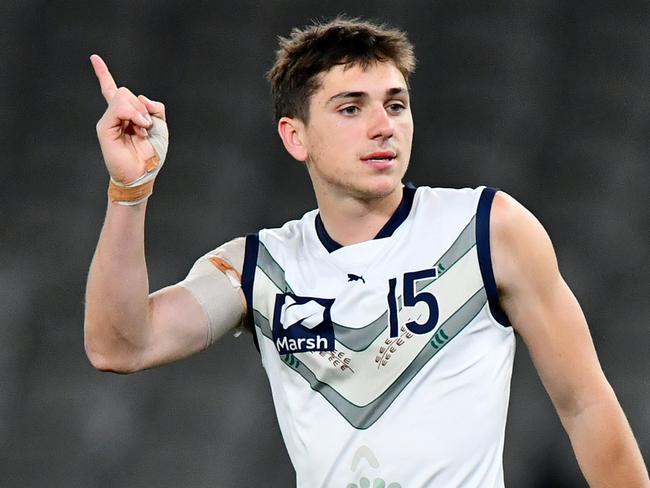 MELBOURNE, AUSTRALIA - JULY 14: Xavier Ivisic of Victoria Country celebrates kicking a goal during the 2024 Marsh AFL Championships U18 Boys match between Victoria Metro and Victoria Country at Marvel Stadium on July 14, 2024 in Melbourne, Australia. (Photo by Josh Chadwick/AFL Photos)