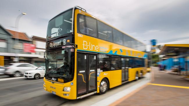 One of the new B-Line buses leaves the Spit Junction stop on its way to the city. Picture: Julian Andrews