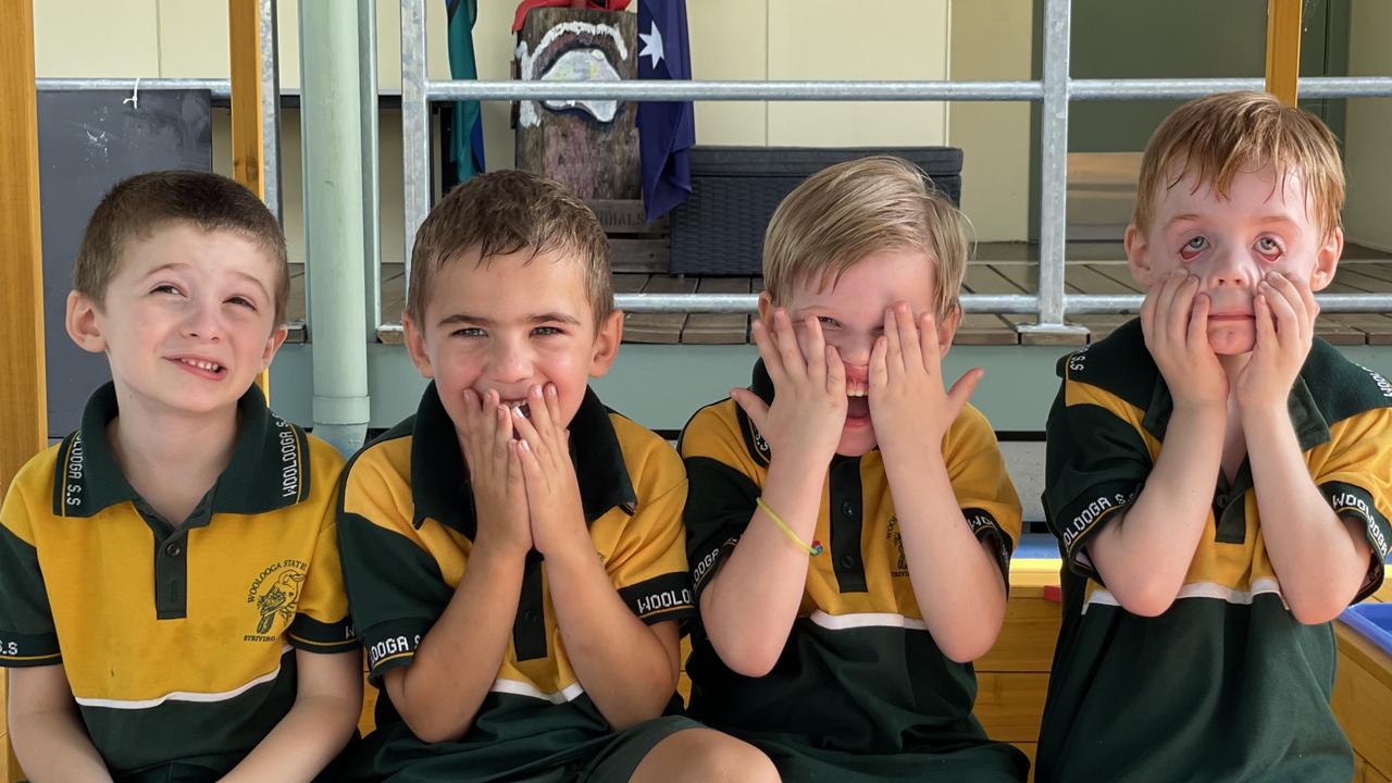 Woolooga State School Preps 2024. (From left) Zavier Kerry, Nicholas Murray, Nahla and Zahn Grinbergs. Gympie My First Year 2024. Silly faces photo.