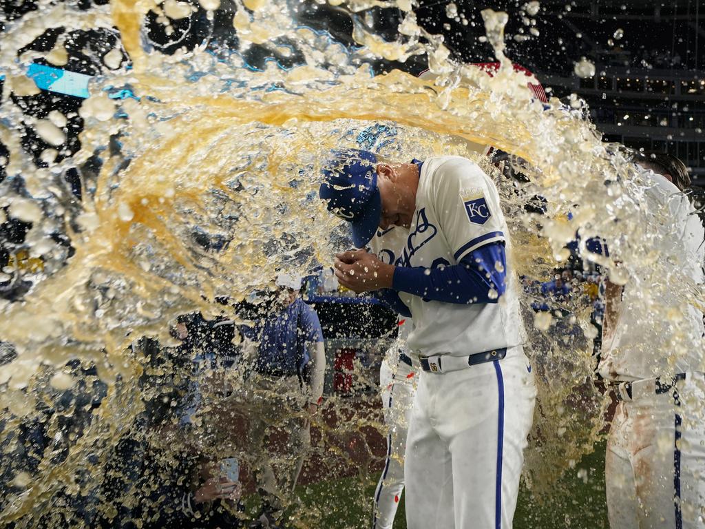 James McArthur of the Kansas City Royals is doused by teammates after their 3-2 win over the Toronto Blue Jays. Picture: Ed Zurga/Getty Images