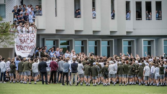 Trinity Grammar students protest over the sacking of deputy headmaster Rohan Brown. Picture: Jake Nowakowski