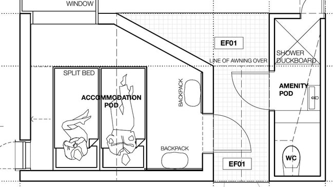 An image from the development application for a standing camp on Halls Island on Lake Malbena showing the layour of the pods.