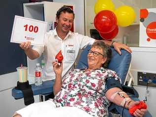 100 bloodbank donations by May Whiley-Jones pictured with Mitch Brady from the Coffs Harbour Bloodbank. Picture: TREVOR VEALE