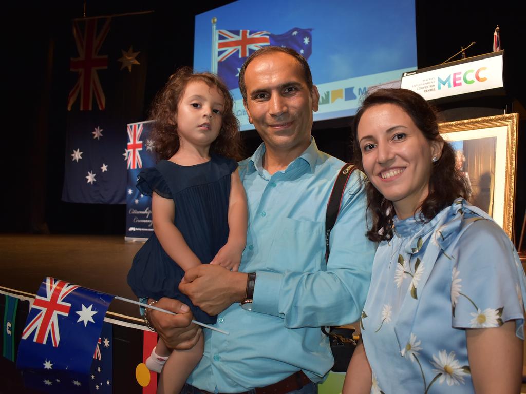 Neeka Asgaripour, 2, with dad Dr Kamran Asgaripour and Dr Farima Abedi at the Citizenship Ceremony on Australia Day conducted by Mackay Regional Council. Picture: Tara Miko