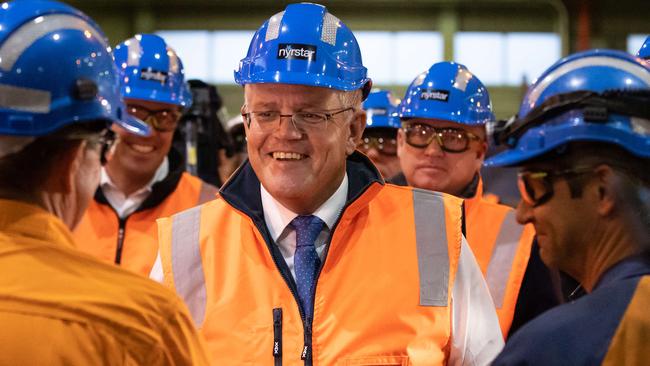 Prime Minister Scott Morrison in Hobart Tasmania in the electorate of Clark to visit the Nyrstar Smelter in Hobart to announce a re-elected Morrison Government will provide $50 million to Nyrstar as part of a $400 million investment to replace and upgrade the electrolysis plant. Picture: Jason Edwards