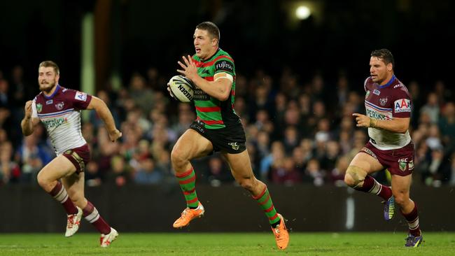 South Sydney's Sam Burgess makes a break during the game between the South Sydney Rabbitohs and the Manly Warringah Sea Eagles at the Sydney Cricket Ground .Picture Gregg Porteous
