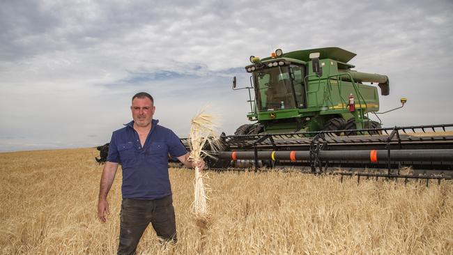 Mallee grain grower Sam Wright rushes to harvest his barley before the rain hits.