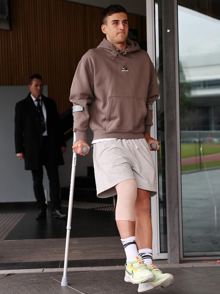 Nick Daicos on crutches on Monday. Picture: Michael Klein.