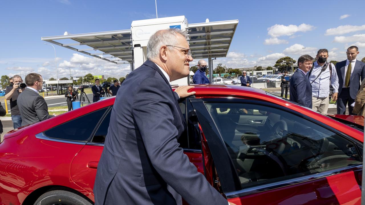 Prime Minister Scott Morrison visited the Toyota Hydrogen Centre in Altona to unveil a new $250m electric vehicle plan. Picture: NCA NewsWire / David Geraghty