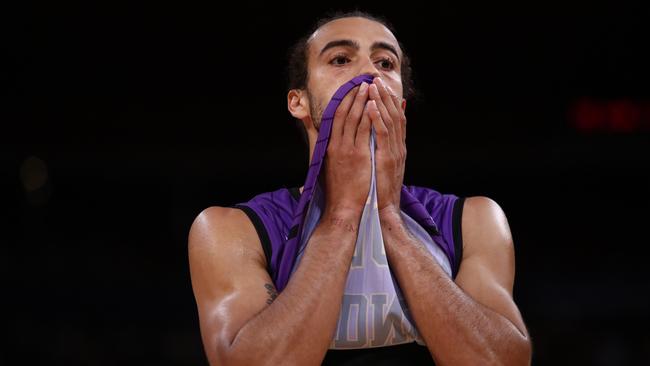 SYDNEY, AUSTRALIA - JANUARY 15: Xavier Cooks of the Kings reacts during the round 15 NBL match between Sydney Kings and Illawarra Hawks at Qudos Bank Arena on January 15, 2023 in Sydney, Australia. (Photo by Jason McCawley/Getty Images)