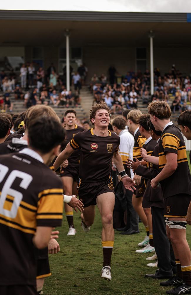 Padua College midfielder Nate Clark runs out onto Ashgrove No.1 field McMahon Oval in 2024. Picture courtesy of Jack Turner.