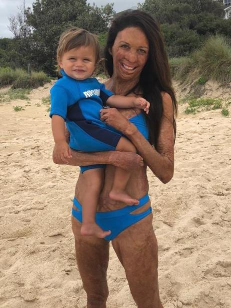 Turia Pitt with her son Hakavai at the beach. Picture: Instagram