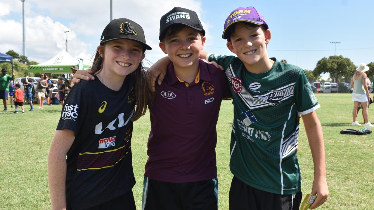 Jordan Sandles, Harry Boyd and Tyler Smoothy at the Play Something Unreal rugby league clinic in Kawana. Picture: Sam Turner