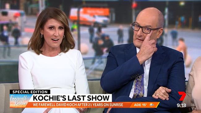 Natalie Barr says a tearful goodbye to David Kochie Koch on his last day of Sunrise. Picture: Sunrise/Channel 7