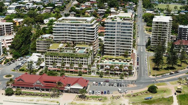 Artist impression of KTQ's Kirra Point precinct development, featuring the new-look Kirra Beach Hotel and Kirra Beach House