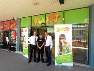 THE RIGHT MIX: Boost Caloundra franchisee Sid Solmaz Len Greedy and Alan Gray of Ray White Commercial Caloundra on site at the new juice bar in Bulcock St.