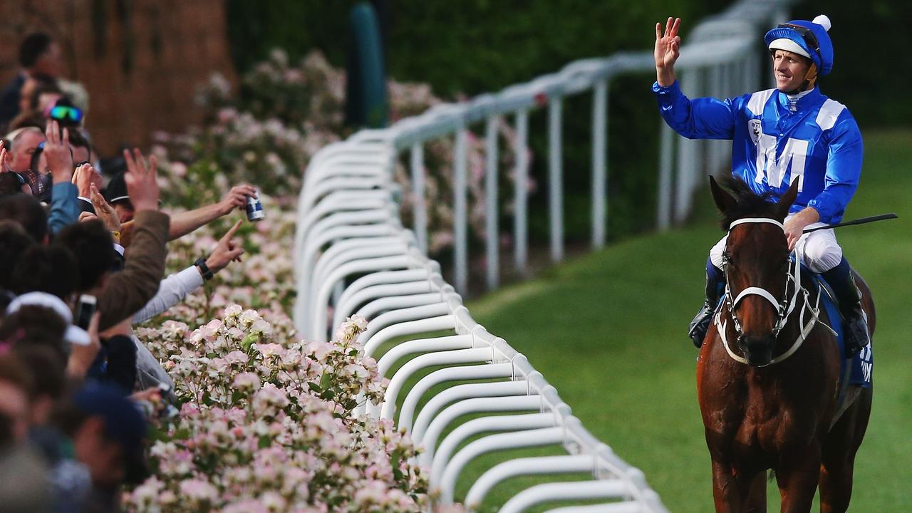 Hugh Bowman and Winx winning one of their four Cox Plates. Picture: Michael Dodge/Getty Images.