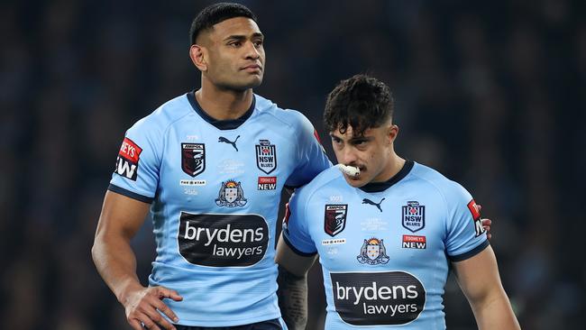 Daniel Tupou (left) and Kotoni Staggs (right) are two of seven Blues from game one who have previously represented Tonga, Samoa, Papua New Guinea, Fiji or the Cook Islands. Picture: Cameron Spencer/Getty Images