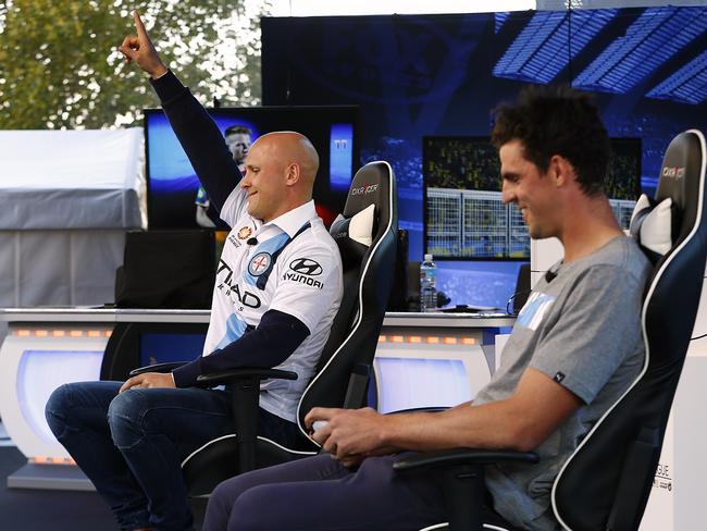 Gary Ablett claims victory over Scott Pendlebury in a Fox Sports gaming challenge this week. Picture: Wayne Ludbey