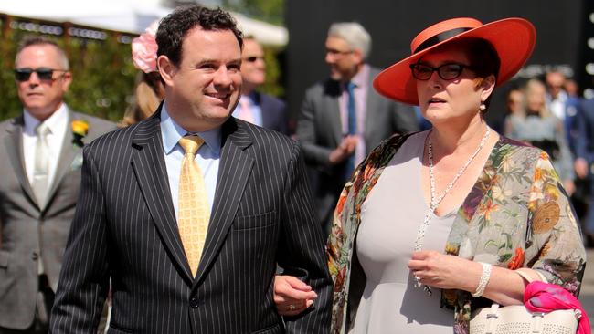 Minister for Foreign Affairs Marise Payne with partner Stuart Ayres in the Bird Cage at Flemington race course on Melbourne Cup Day. Picture: Stuart McEvoy