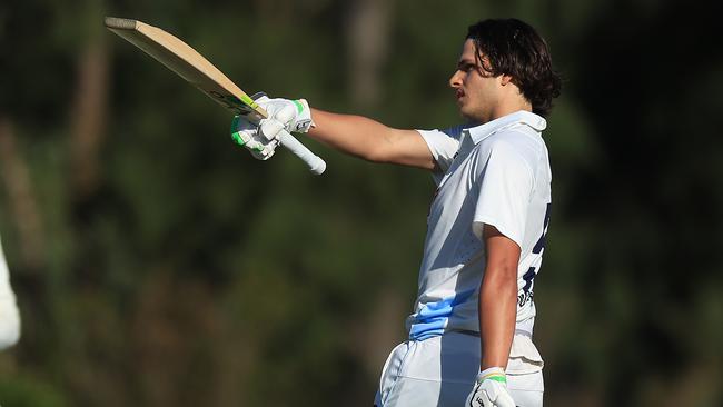 NSW opener Sam Konstas acknowledges his teammates after reaching his second century of the match in the Sheffield Shield clash against South Australia at Cricket Central. Picture: Mark Evans / Getty Images