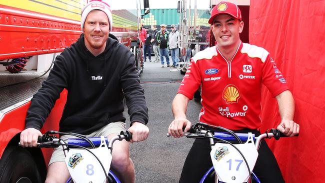 Jack Riewoldt and Scott McLaughlin meet up in Pit Lane during 2019 Bathurst 1000. Picture Rohan Kelly