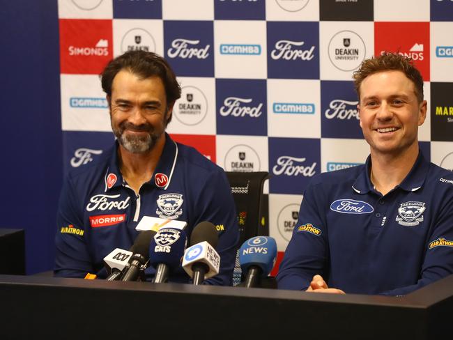 Cats coach Chris Scott with Mitch Duncan speaking to the media ahead of his 300th game. Picture: Alison Wynd