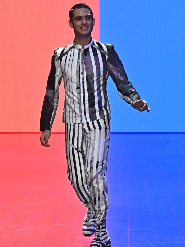 Desinger Jordan Gogos thanks the audience following his show. Picture: Getty Images