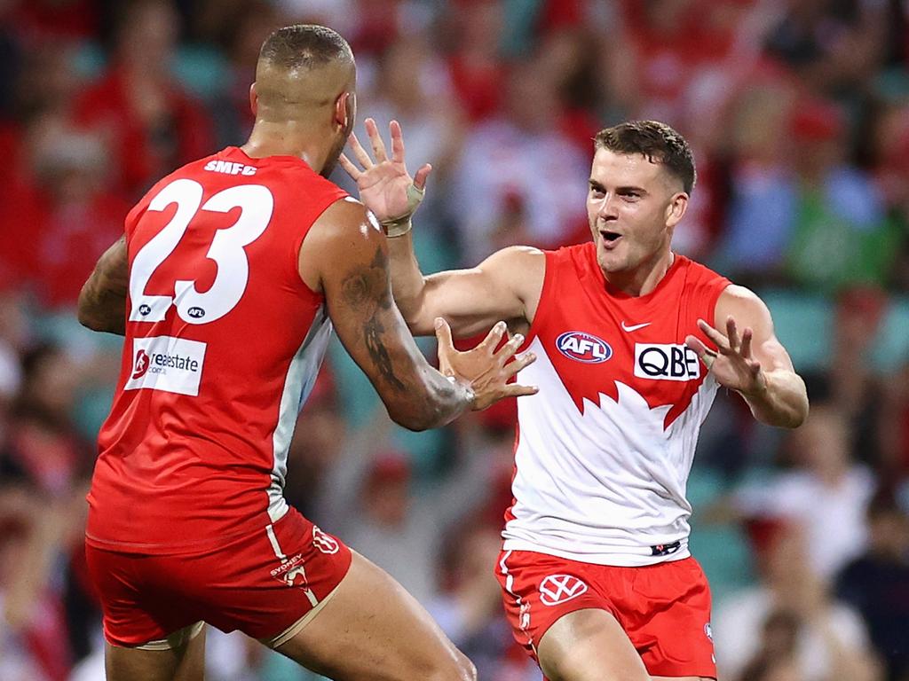 Tom Papley of the Swans celebrates kicking a goal with Lance Franklin.