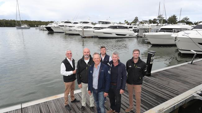 Boat show fans will still be able to get their fix of the latest innovations in the sector when the Sanctuary Cove Boating Festival is held later this year. Left to Right, Stephen Milne (Riviera), Phil Chandler (Maritimo), Johan Hasser (Mulpha Events) Mark Western (Horizon), Scott Davis (Princess) Tom Barry-Cotter (Maritimo). Picture: Glenn Hampson.