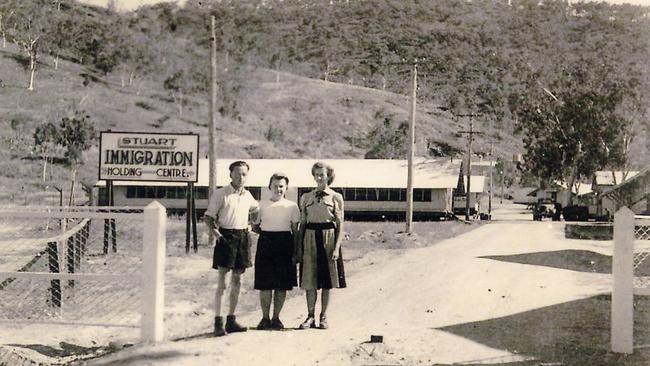 Mrs Magdalena Nydrle, with two unidentified residents of the Stuart Migrant Camp’, circa 1951