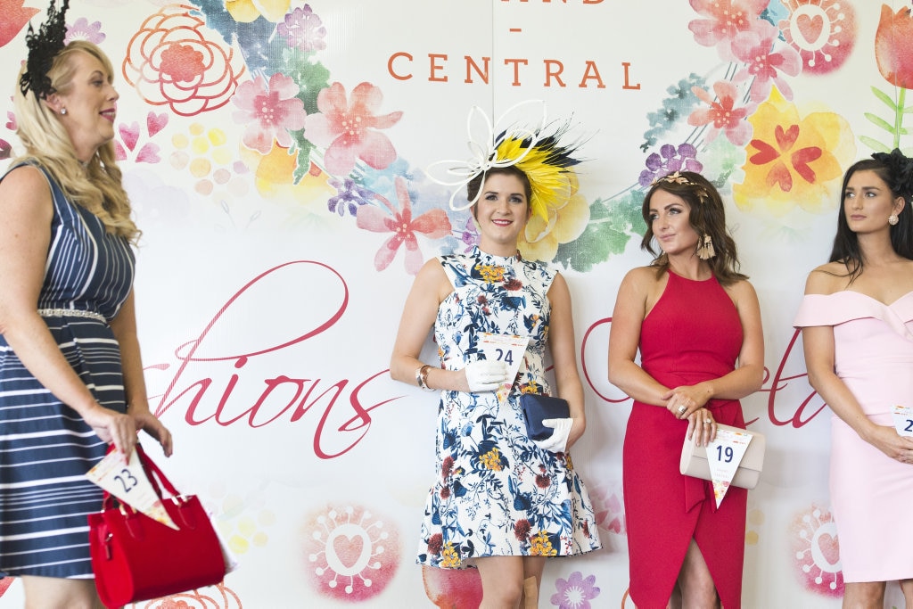 Melbourne Cup fashion on the field entrants (from left) Kylie Pomerenke, Amanda Herron, Aimee Morrisby and Elizabeth Maxwell at Clifford Park, Tuesday, November 7, 2017. Picture: Kevin Farmer