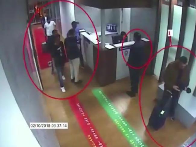 Suspects in the case of missing Saudi journalist Jamal Khashoggi (unseen) at Istanbul's Ataturk airport. Picture: AFP