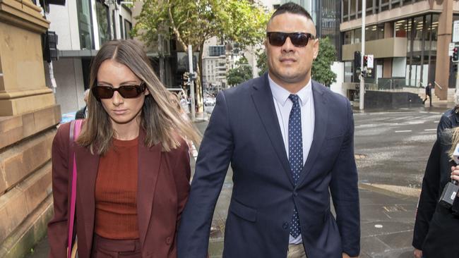 Jarryd Hayne arrives at Sydney’s Supreme Court in 2023 with his wife, Amellia Bonnici. Picture: NCA NewsWire/Simon Bullard