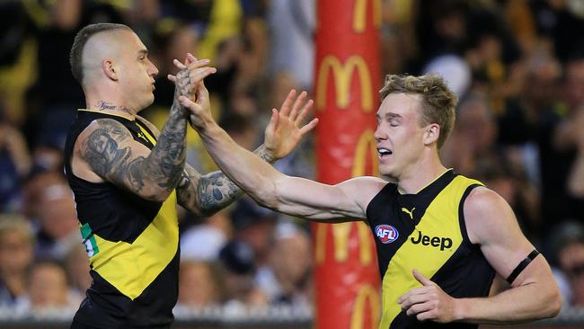 Dustin Martin celebrates a goal with Tom Lynch. Picture: Mark Stewart