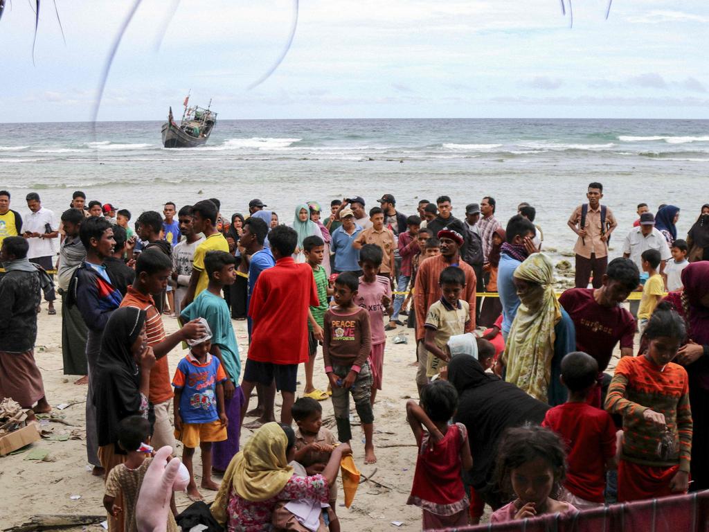 Newly arrived Rohingya refugees are seen on the coast of Jurong Mulia, in Sabang, Aceh province, on December 2, 2023. Picture: Khairu/AFP