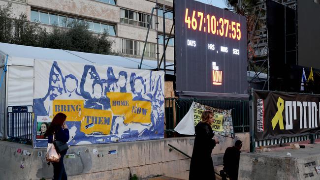 A clock in Tel Aviv this week marked how long hostages had been held in Gaza since the October 7, 2023, attack on southern Israel. Picture: AFP