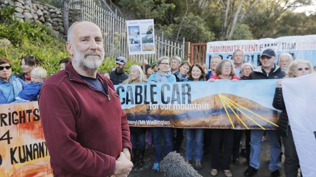 Ted Cutlan addressing protesters at the end of McRobies Rd, the new proposed site for the cable car terminus, last year. Picture: MATHEW FARRELL