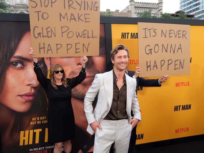 Glen Powell attends the premiere of his new movie Hit Man and gets a roasting from his parents. Picture: Hubert Vestil/Getty Images