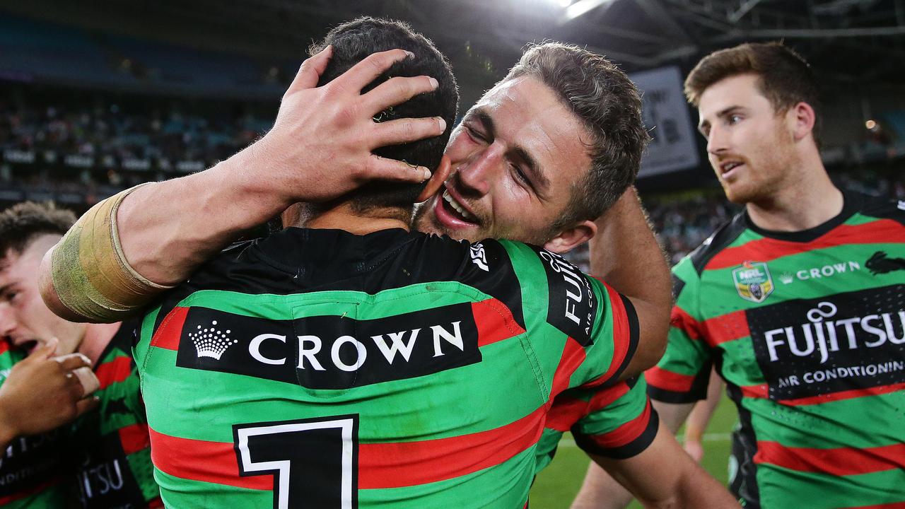 Souths’ Sam Burgess celebrates victory in their semi-final with the Dragons. Picture: Brett Costello