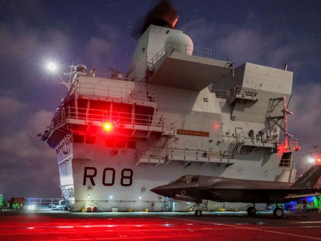 An F-35B Lightning Jet on the flight deck of HMS Queen Elizabeth during the replenishment. Picture: UK MOD.