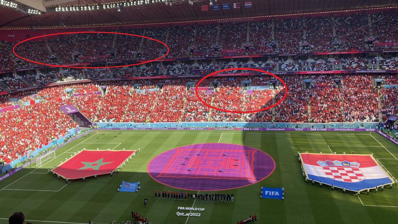 A half-empty stadium for the kickoff of Morocco v Croatia.