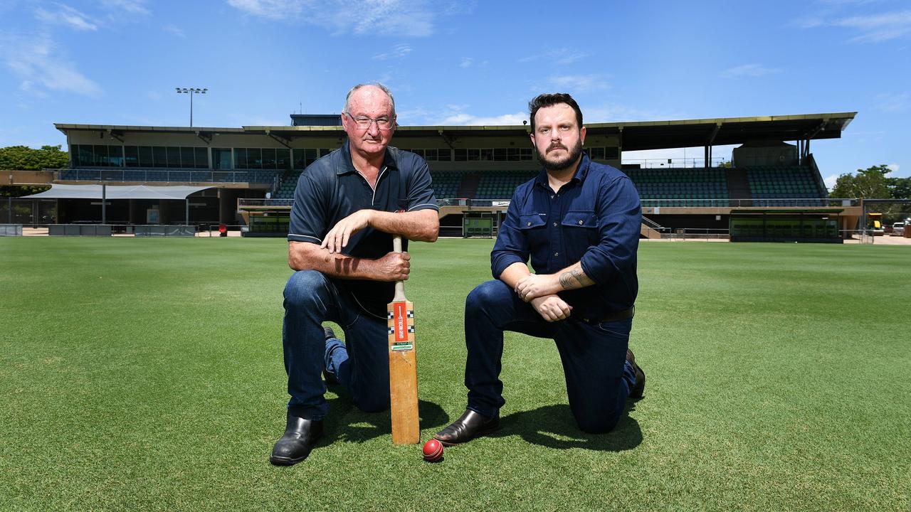 Cricket North Queensland president Peter Busch and Federal member for Herbert Phillip Thompson are campaigning for lighting upgrades at Riverway Stadium. Picture: Shae Beplate.