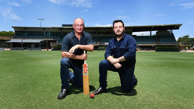Cricket North Queensland president Peter Busch and Federal member for Herbert Phillip Thompson are campaigning for lighting upgrades at Riverway Stadium. Picture: Shae Beplate.
