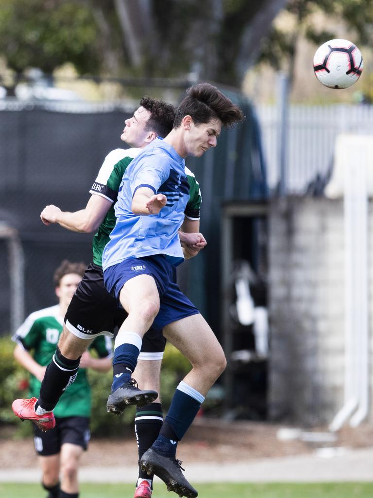 First XI football Brisbane Grammar School vs Brisbane Boys College. BBC #11 L.Fox and BGS #3. August 8, 2020. Picture: Renae Droop