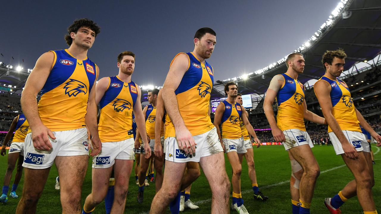 The Eagles leave the field after the loss to the Fremantle Dockers. Picture: Daniel Carson