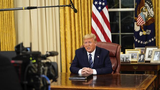 President Donald Trump outlines the US coroanvirus response from the Oval Office. Picture: Doug Mills/The New York Times via AP.