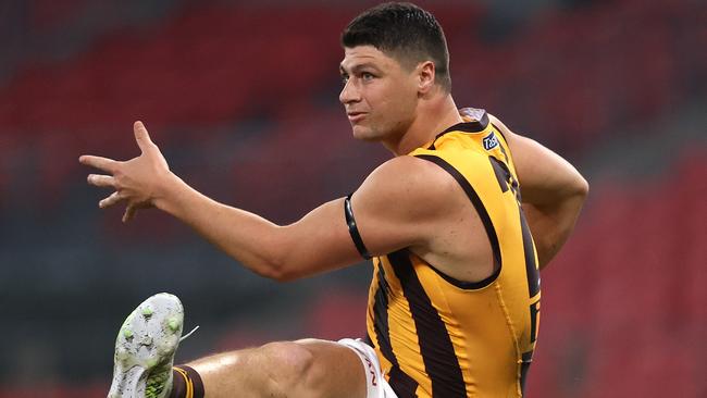 Hawthorn's Jonathon Patton kicks during the AFL match between Collingwood and Hawthorn at Giants Stadium on July 10th 2020, Sydney. Picture. Phil Hillyard