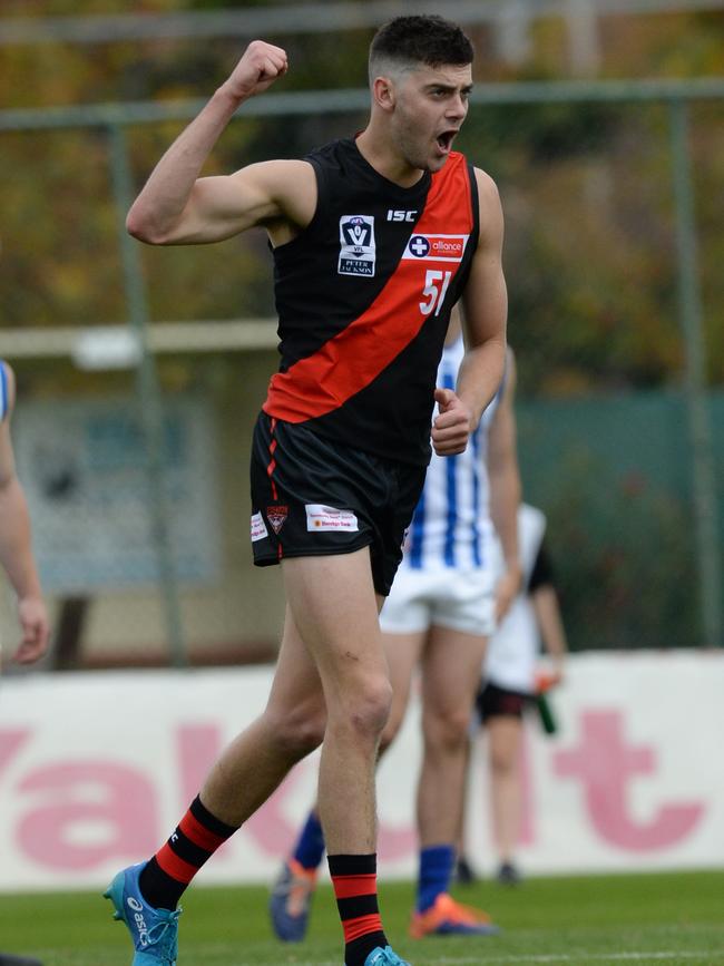 Alex Boyse celebrates a goal for Essendon’s VFL side. Picture: Chris Eastman